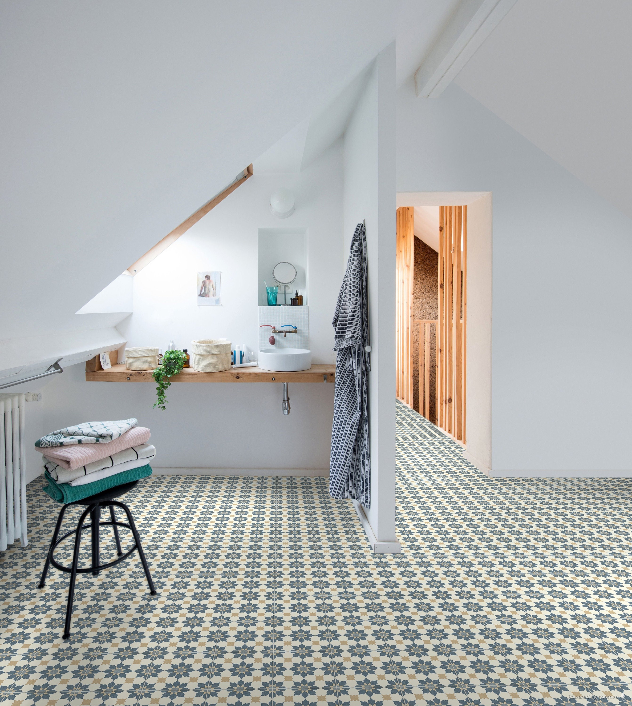 キッチンやバスルーム向けのモロッコタイル柄シートビニール床材