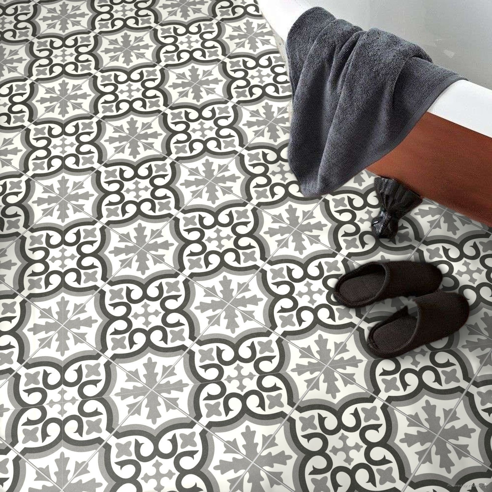 Sheet Vinyl Flooring in Grey Moroccan Tile Effect for Kitchens and