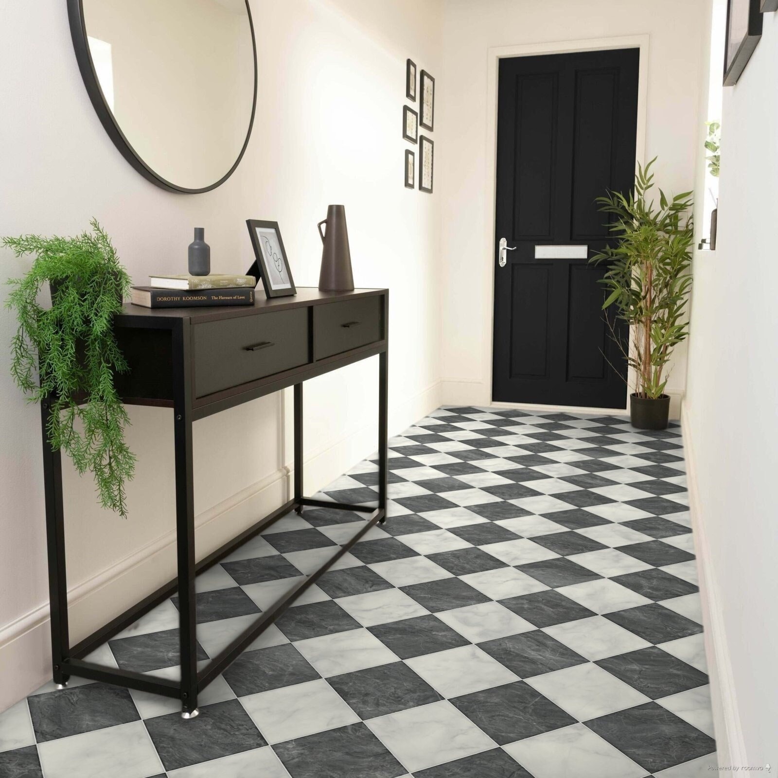 Black & White Venice Tile Vinyl / Lino Roll Flooring 2m & 4m Width Kit