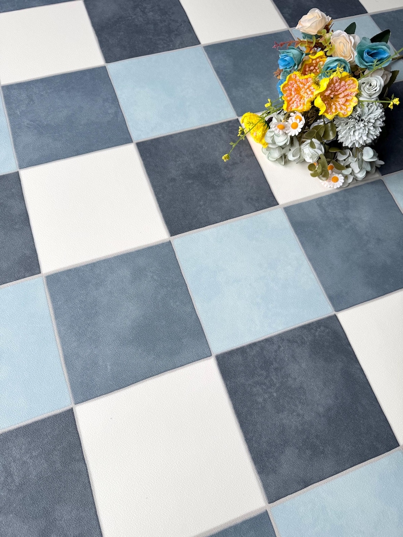 Blue and White Checkerboard Sheet Vinyl Flooring, Cushioned Tile Effect ...