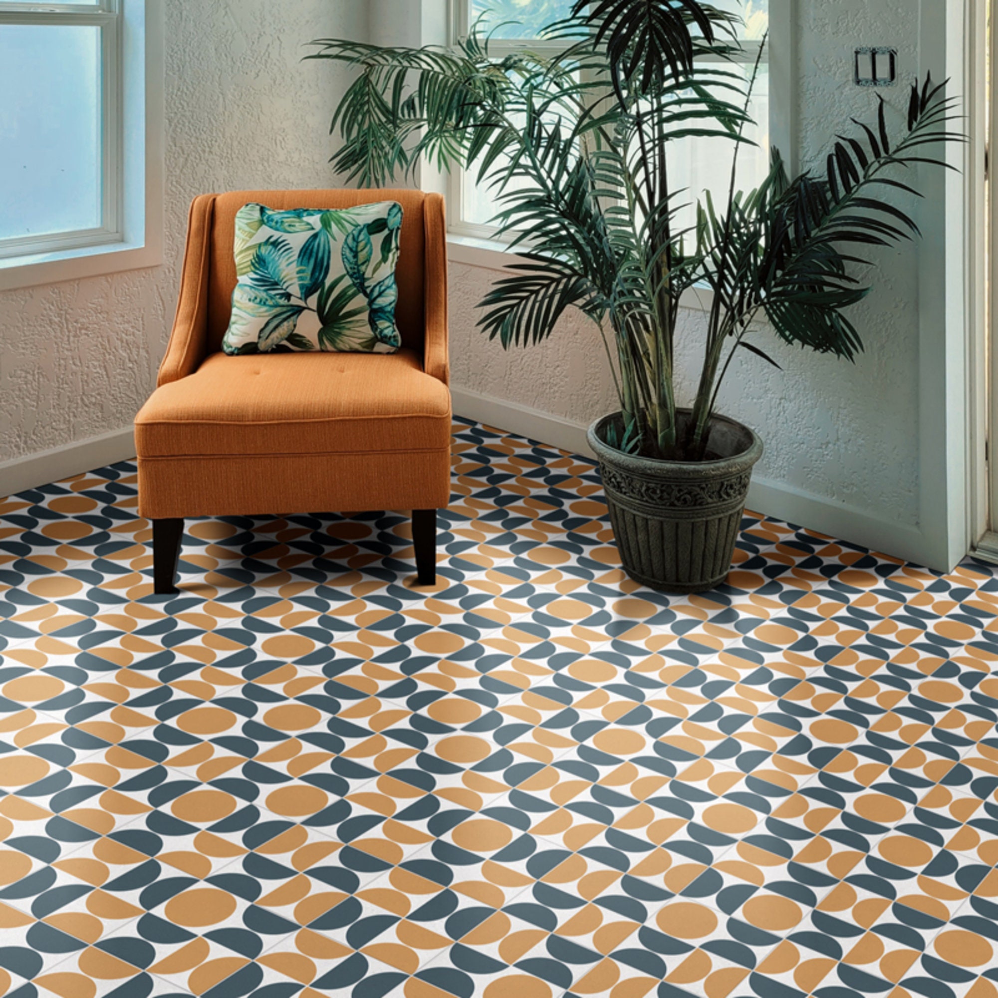Retro Sheet Vinyl Flooring in Orange and Blue Art Deco Tile