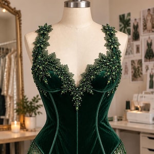 Pode incluir: Um body de veludo verde escuro com um decote em V profundo adornado com missangas verdes intrincadas e enfeites em forma de flor nas alças. A peça inclui uma abertura de perna alta com acabamento em contas verdes pendentes em forma de gota.