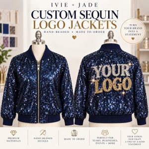 May include: A navy blue bomber jacket covered in sequins, shown from the front and back on a mannequin. The back features the text 'YOUR LOGO' in silver and gold beaded lettering. The jacket has a dark blue ribbed collar, cuffs, and hem.