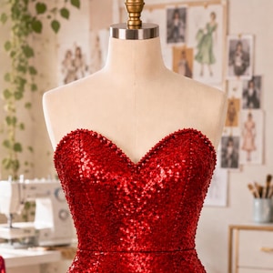 May include: A strapless red sequin dress featuring a sweetheart neckline and a hemline with multiple pointed triangular cutouts. The entire surface of the garment is covered in small, reflective red sequins that create a uniform, shimmering texture.