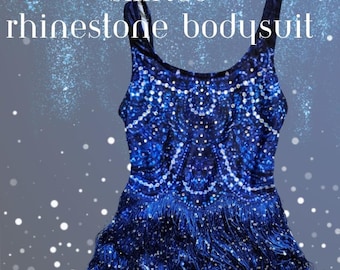 Body de concierto de medianoche hecho a pedido / Body de actuación con diamantes de imitación y ribete de borlas de lentejuelas