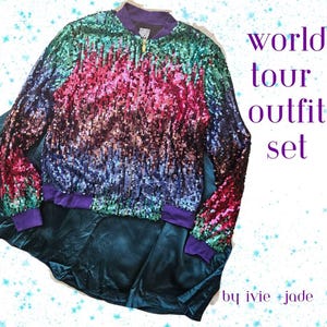 Custom Taylor Inspired Concert Tour Outfit- Colorful Sequins Bomber Jacket, Black Sequins top, Teal Skater Skirt