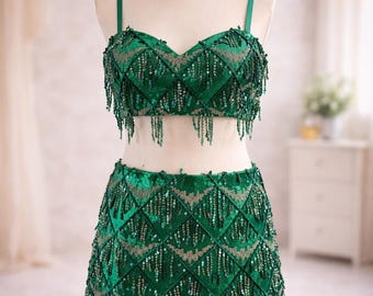 Sparkly Sequin Fringe Two-piece Set – Crop Top & Mini Skirt
