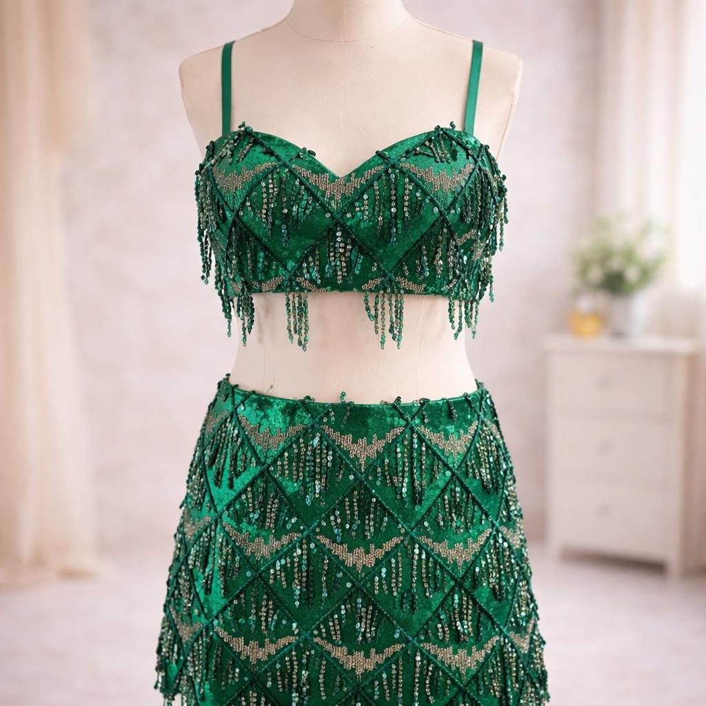 Sparkly Sequin Fringe Two-piece Set – Crop Top & Mini Skirt