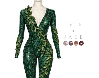 Macacão botânico verde-escuro – Macacão com apliques de vinhas brilhantes – Traje de fantasia e roupa para apresentações com detalhes brilhantes