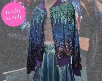 GIRLS Taylor Inspired 1989 outfit set- Colorful Sequins Bomber Jacket, Black Sparkle Crop Top, Metallic Teal Skirt | Unique ERAS Tour Outfit