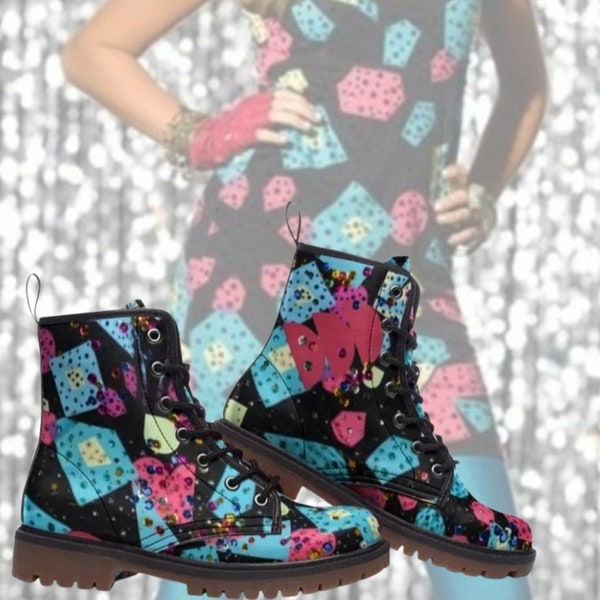 Hannah Sparkle Print Combat boots | Sparkly Miley Laceup Ankle boots | Retro Geometric Print boots | Y2K Prom Boots | Montana Cosplay Boot