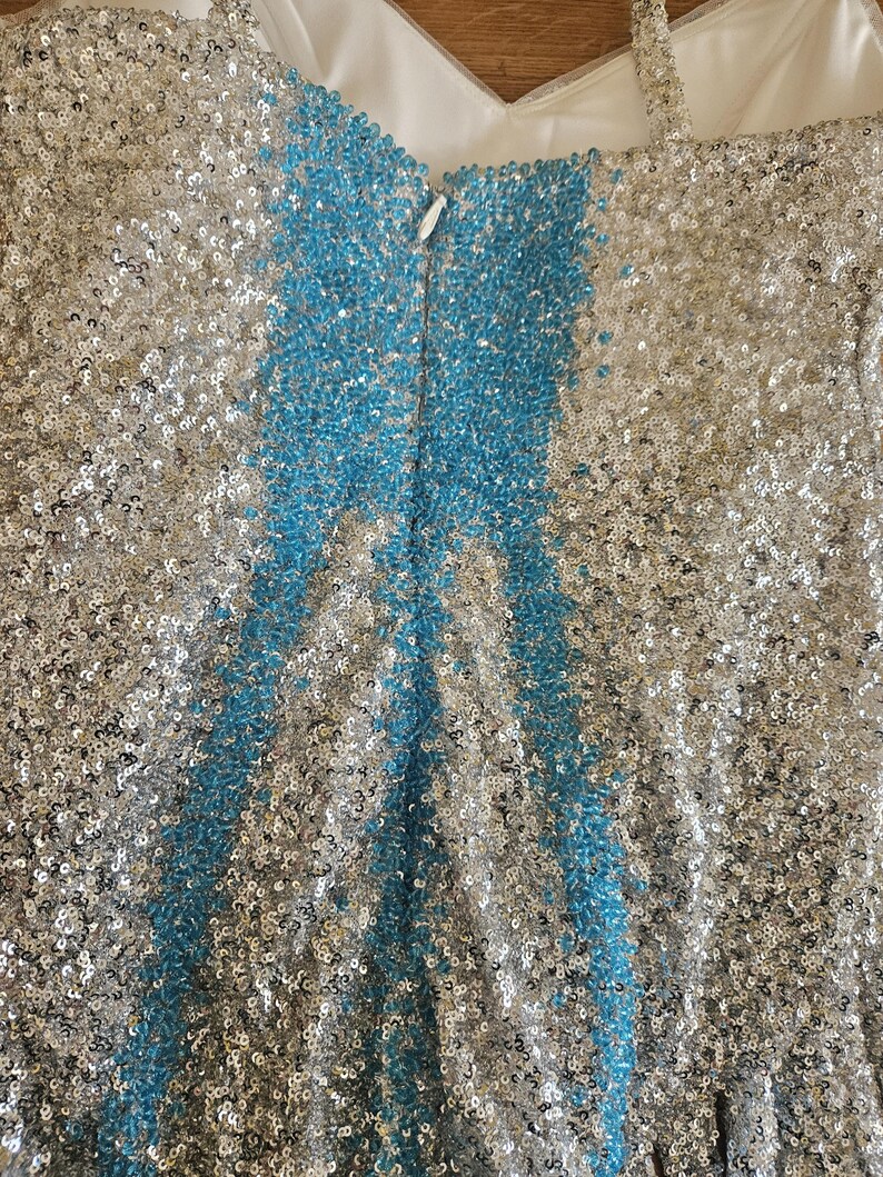 May include: A sleeveless dress covered in shimmering silver sequins with a prominent vertical stripe of bright blue sequins running down the center. The garment features a V-neckline, thin shoulder straps, and a concealed zipper closure at the back.