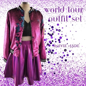 Custom Taylor Inspired Concert Tour Outfit- Purple Sequins Bomber Jacket, Black Sequins top, Metallic Purple Skater Skirt