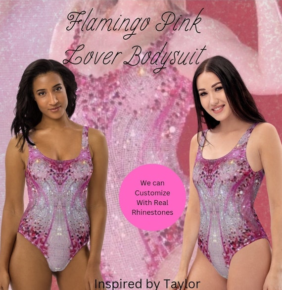 Flamingo Pink Taylor Inspired Lover Era Bodysuit Glitter Print