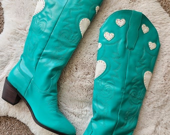 Teal Heart Boots | Lover Inspired ERAS Tour Boots | Turquoise Hearts Cowboy Boot | Glam Cowgirl Boots size 9 Ready to Ship