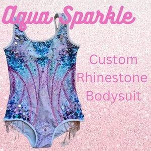 Made to Order Girls Aqua and Pink Celebrity Rhinestone Bodysuit | Youth Pink Rhinestone Leotard | Girls Sparkly Taylor Concert Tour Outfit