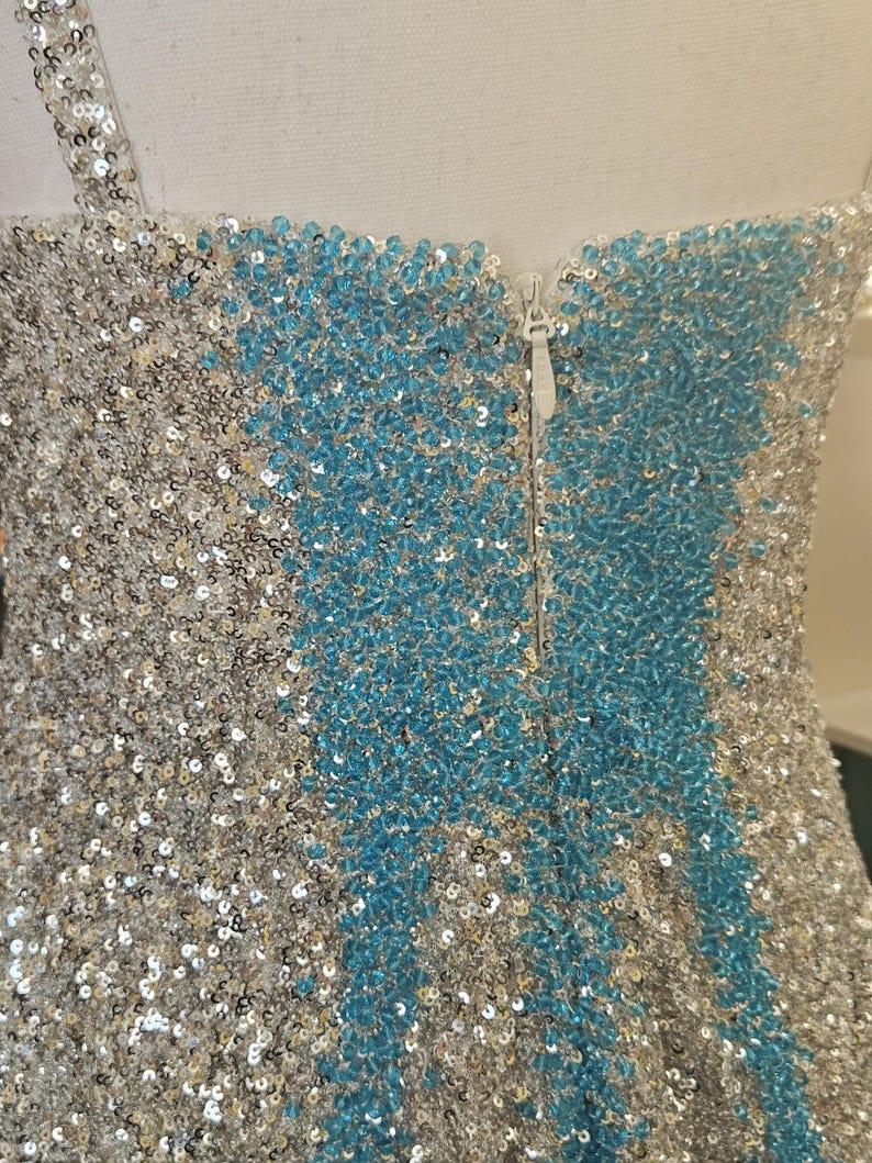 May include: A sleeveless garment covered in shimmering silver and bright blue sequins. The design features a central vertical panel of blue sequins flanked by silver sequins, with a white zipper closure running down the center of the back.