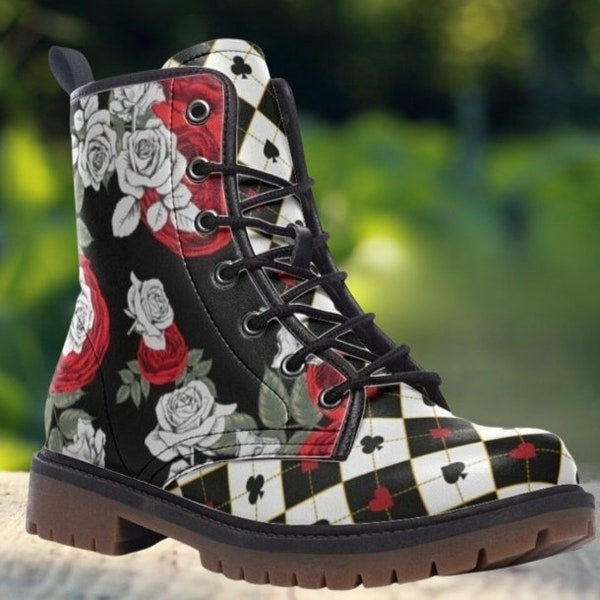 Alice in Wonderland Combat boots | Laceup Ankle boots | Whimsical Rose Floral boots | Painting the Roses Red Y2K boots