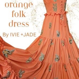 Taylor Inspired Orange Folk Dress | Concert Tour Outfit Replica | Unique Custom Made Orange and Gold Fairycore Prom Dress