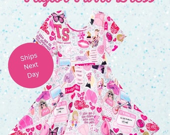 Taylor Twirl Dress | Twirly Pink Skater Skirt Dress for Girls | Lover Era Dress | Kids ERAS Tour Outfit