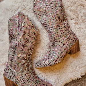 Bejeweled Rhinestone Boots | Colorful Sparkly Boots | ERAS Tour Boots | Pastel Pointed Toe Glam Cowgirl Boots