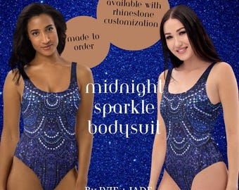 Midnight Sparkle Bodysuit | Dark Moody Blue Rhinestone Print Taylor Bodysuit | Unique Midnight Era Outfit | Celebrity Cosplay Costume