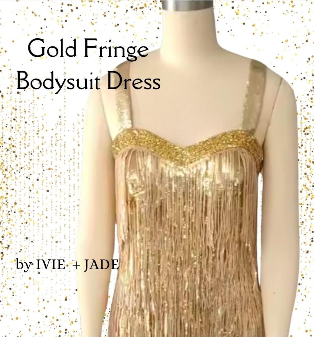 Gold Fringe Bodysuit Dress - Beaded Sparkle Party & Performance Gown Gold Fringe Bodysuit Dress - Beaded Sparkle Party & Performance Gown