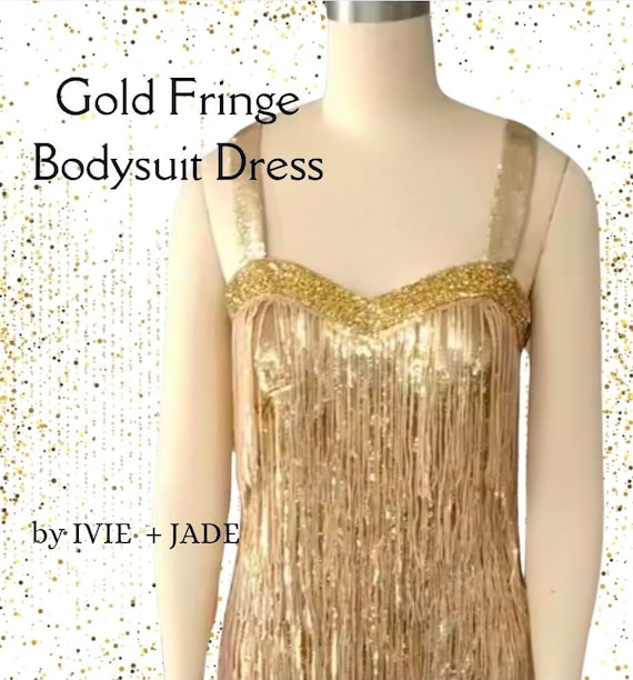Gold Fringe Bodysuit Dress - Beaded Sparkle Party & Performance Gown