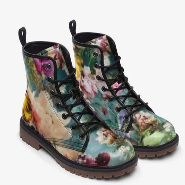 Gothic Wildflower Floral Combat boots | Boho ankle boots | Laceup Cottagecore boots | Moody Fall Floral boots | Pretty Retro Y2K boots