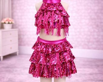 女の子用スパンコールフリンジクロップトップスカートセット – ポップ