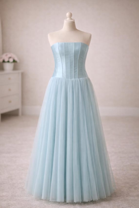 green emerald velvet dress Qianna Baby Blue Peplum Drop Waist Chiffon Gown main image 1