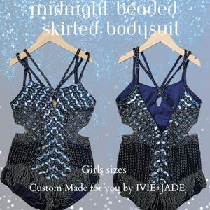 Girls Unique Beaded Midnight Bodysuit | Celebrity Inspired Rhinestone Skirted Bodysuit | Custom Taylor Concert Tour Outfit Replica