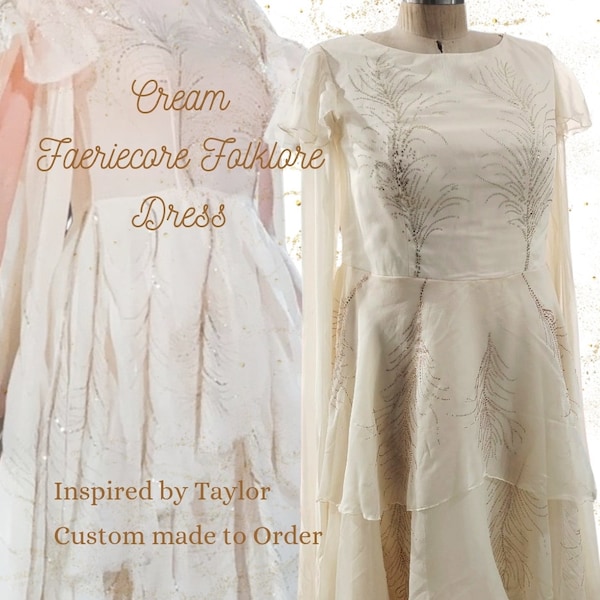 Taylor Inspired Cream Folklore Dress | Swift ERAS Tour Outfit Replica | Unique Custom Made Ivory Fairy Dress | Custom ERAS Tour Dress