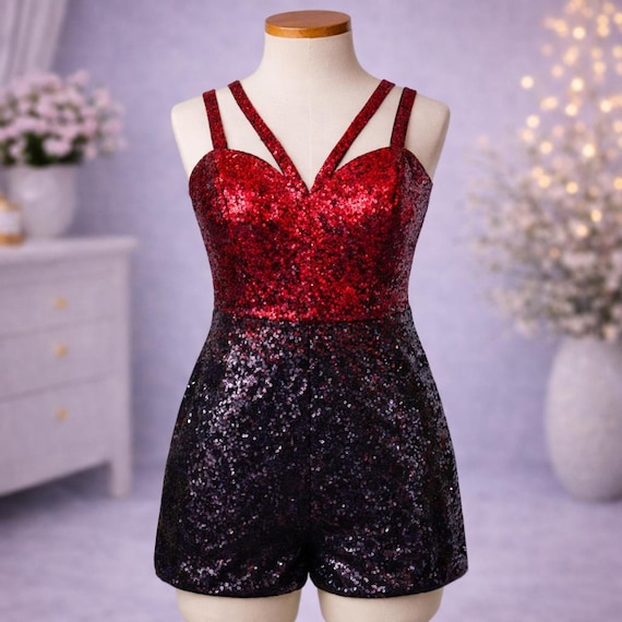 Girls Red & Black Sequin Bodysuit Romper and Duster Jacket - Pop-Inspired Performance Outfit - Sparkly Stage and Party Costume