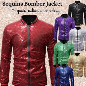 Sequins Bomber Jacket with Custom Embroidery | Unique Personalized Concert Tour Jacket | Sparkly Embroidered Bomber Jacket for Clubs, Gifts