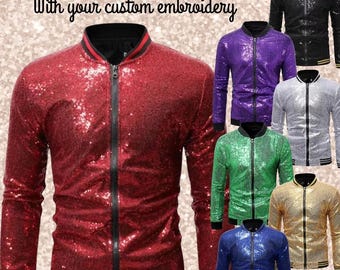 Sequins Bomber Jacket with Custom Embroidery | Unique Personalized Concert Tour Jacket | Sparkly Embroidered Bomber Jacket for Clubs, Gifts