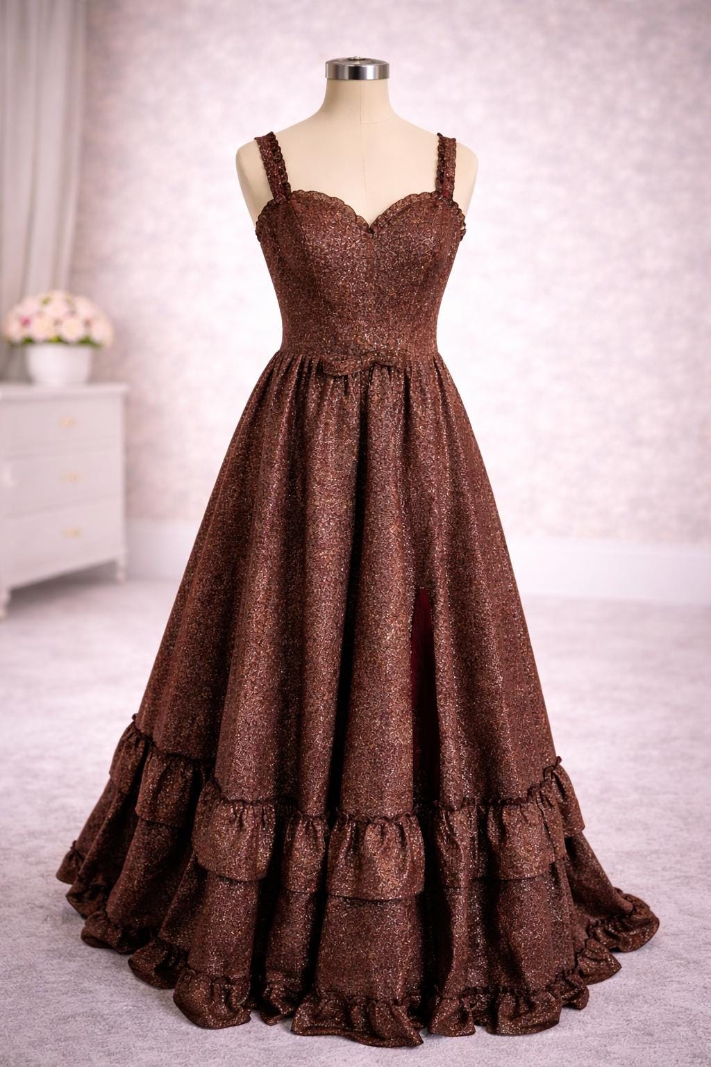 green emerald velvet dress Long Sleeve Metallic Jersey Evening Gown in Copper Bronze