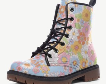 Daisy Flower Power Combat boots | Boho Patchwork boots | Laceup ankle boots | Bohemian floral boots | Retro 70s Floral Boots | Y2K boots