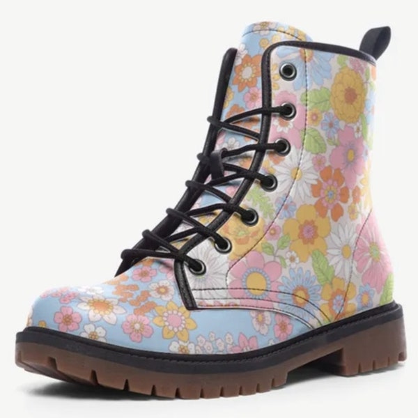 Daisy Flower Power Combat boots | Boho Patchwork boots | Laceup ankle boots | Bohemian floral boots | Retro 70s Floral Boots | Y2K boots