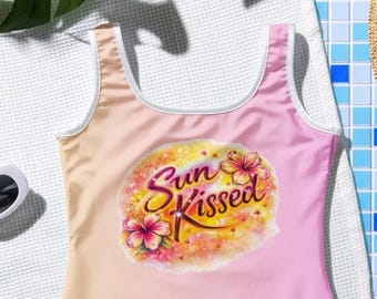 Tropical Y2K Girls One-Piece Swimsuit Bodysuit – Sun Kissed Airbrush Graphic Leotard – Pop Style Summer Outfit & Beachwear