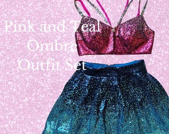 Custom Taylor Inspired Sparkle Outfit- Sparkly Pink Ombre Crop Top and Ombre Teal Sequins Skater Skirt | Unique Concert Tour Outfit