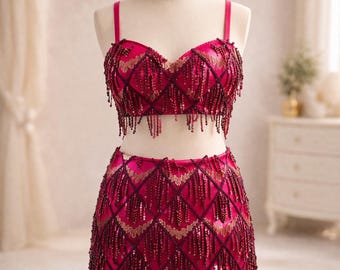 Sparkly Sequin Fringe Two-piece Set – Crop Top & Mini Skirt