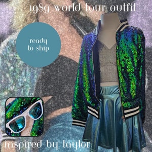 GIRLS Taylor Inspired 1989 Outfit - Teal Sequins Bomber Jacket, Black Sparkle crop top, Metallic Teal skater Skirt | Unique ERAS Tour Outfit