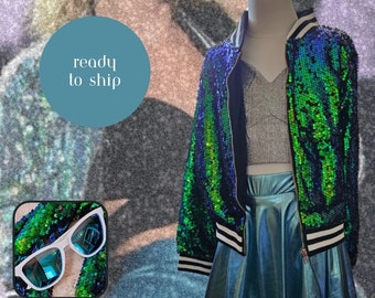 GIRLS Taylor Inspired 1989 Outfit - Teal Sequins Bomber Jacket, Black Sparkle crop top, Metallic Teal skater Skirt | Unique ERAS Tour Outfit