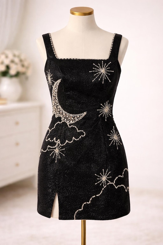 celestial mini dress Beaded – Midnight-inspired Sparkle Performance & Event Dress Print features moons Lilac Coast Long Sleeve Celestial