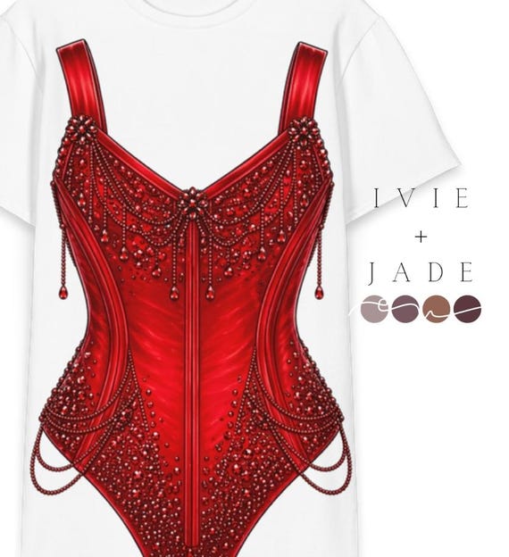 Red Beaded Corset T-shirt Dress – Showgirl Glam Graphic Tee Dress, Oversized Party Dress, Y2K Lounge Dress
