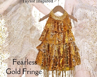 Kids 6 Taylor Inspired Sparkly Gold Outfit | Shimmery Golden Sequins Dress | Youth Swift Fearless Costume | Girl ERAS Tour Bodysuit Dress