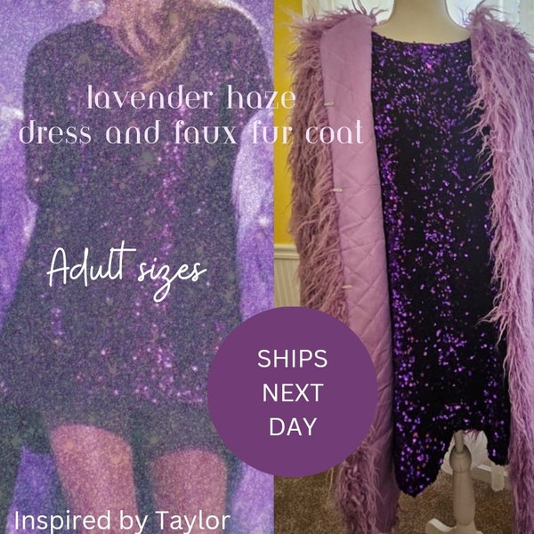 Womens Lavender Haze Dress Set | Taylor Inspired Violet Purple Sequin Dress | ERAS Tour Dress | Sparkly Glam Tee Shirt Dress & Faux Fur Coat