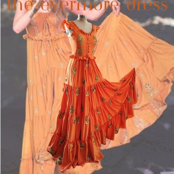 Vestido Evermore / Vestido folclórico inspirado en Taylor / Réplica del traje de la gira Swift Eras / Vestido de fiesta Fairycore naranja y dorado hecho a medida único