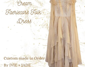 Girls Cream Faeriecore Folk Dress - Ivory Layered Fairy Gown - Ethereal Formal & Performance Dress